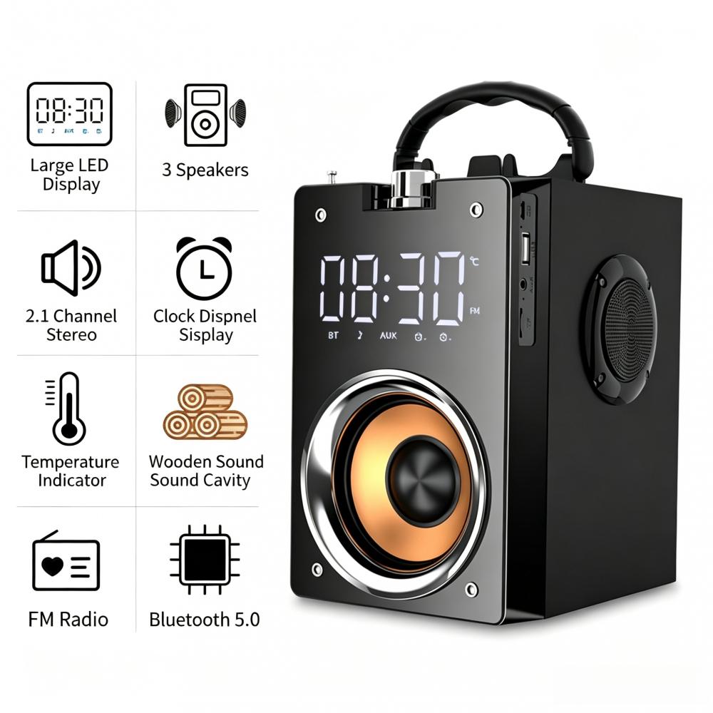 3D Surround Bas Taşınabilir Bluetooth Hoparlör, FM Radyolu ve Uzaktan Kumandalı Çok Fonksiyonlu Çalar Saat Kablosuz Boombox