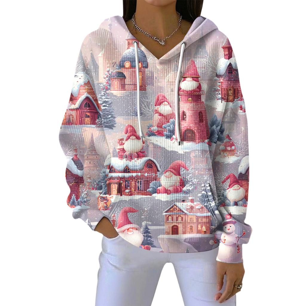 Dame Løs Komfortabel Casual Mote V-Hals Juleprint Langermet Hettegenser