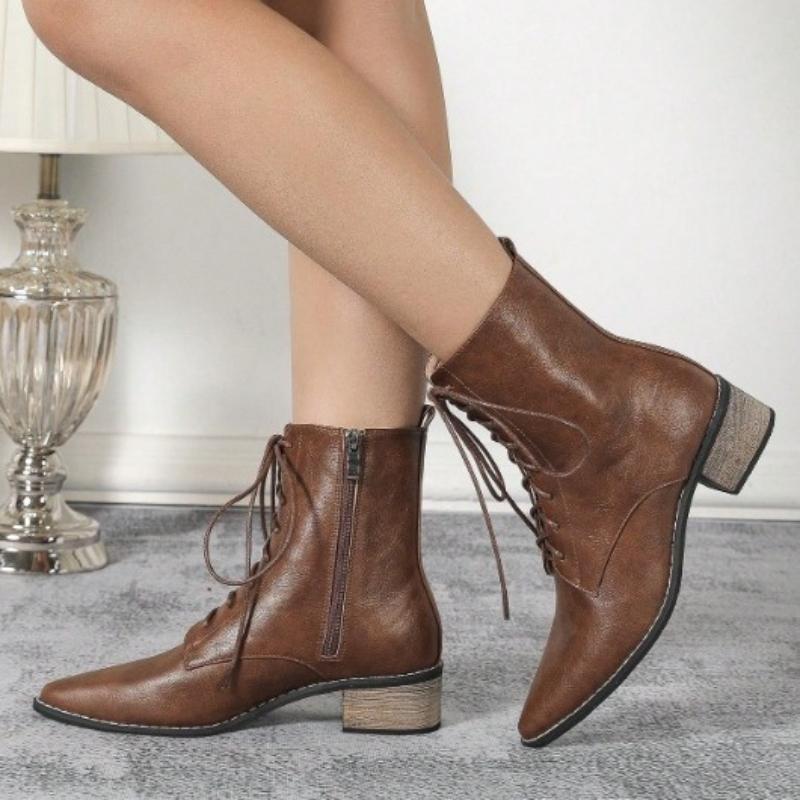 Pointed Toe Lace Up Chunky Root Ankle Boots for Women Fashion Side Zipper British Style Platform Short Boots Botas Para Mujer