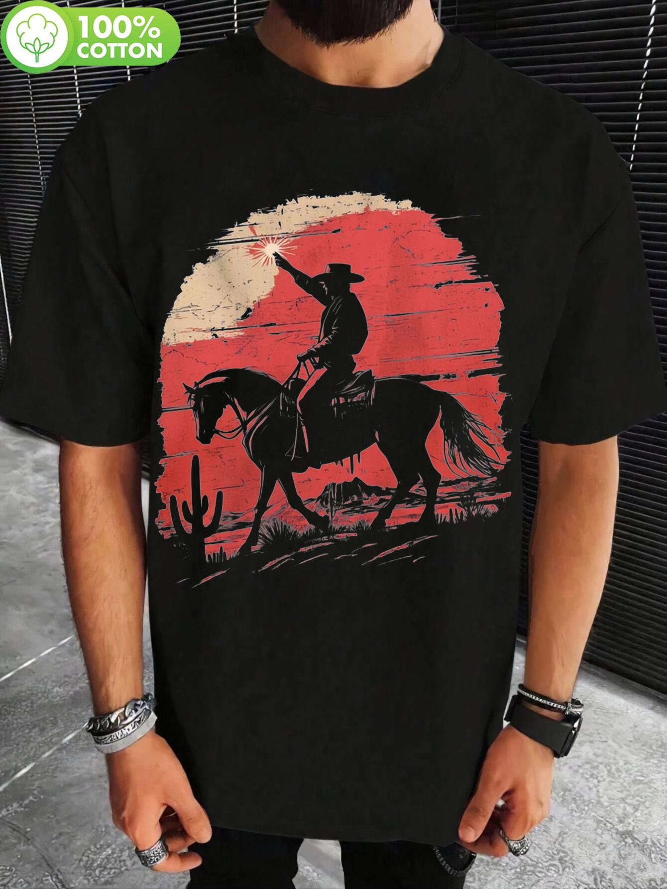 Western Cowboy Graphic T-shirt - 100% Cotton Soft & Breathable 180gsm S