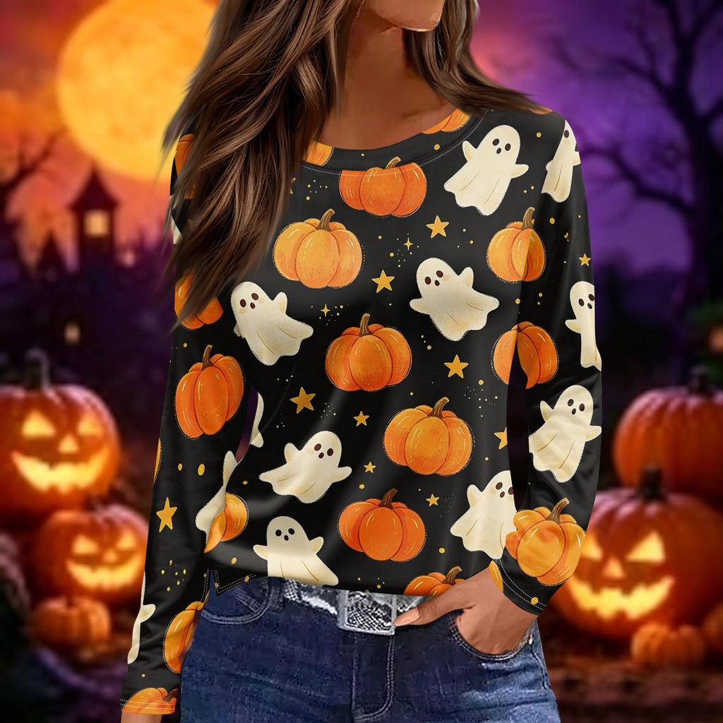 Women's Fashion Long Sleeve Top Halloween Print Round Neck Pullover Shirt with Split Hem Casual Wear for Autumn and Winter