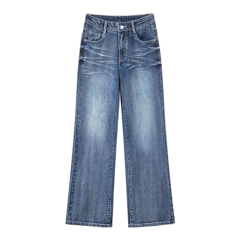 Retro Spice Girl Micro-pull Jeans Women's Spring and Autumn New Straight Loose High Waist Skinny Wide Leg Floor Pants