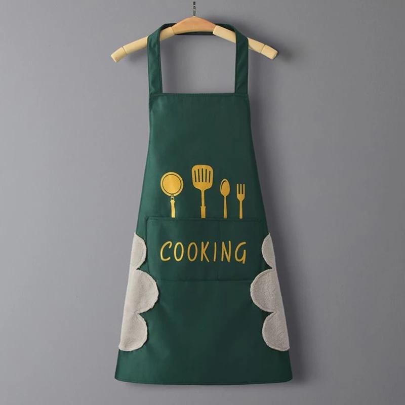 

2025 Kitchen Household Waterproof and Oil-proof Men and Women New Apron Cooking Baking Waterproof Oilproof Aprons Hand-wiping зелёный