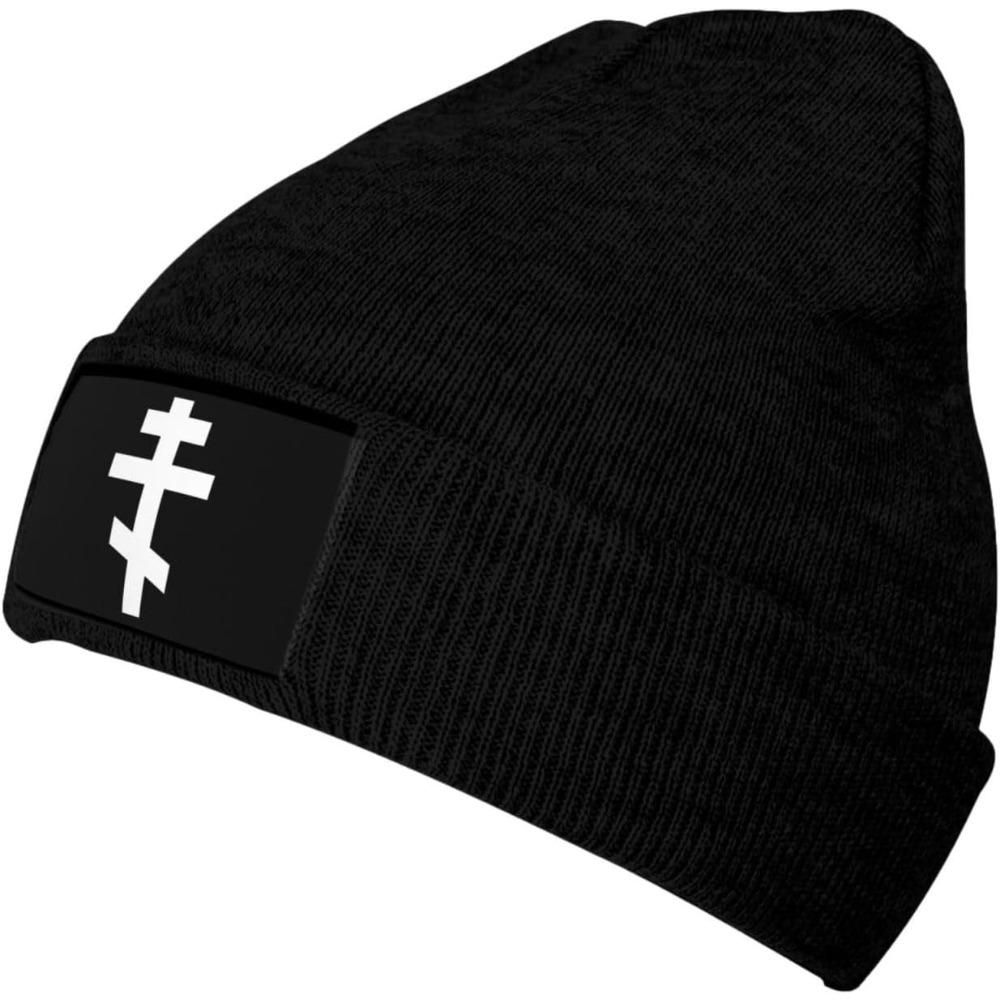 Berretto a Cuffia con Croce Ortodossa Bianca Unisex Donna Cappello in Maglia Cappello a Calza Cappello Lento a Teschio Caldo Cappello di Copertura Cappello in Maglia Nero