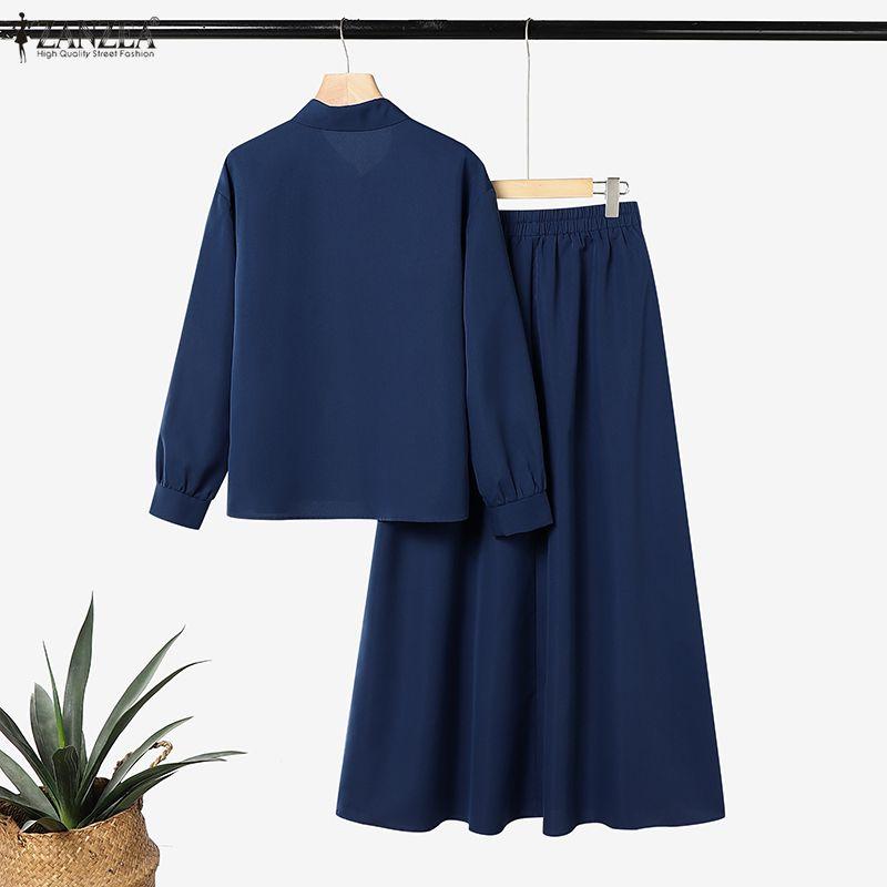 ZANZEA Damen Langarm Print Bluse und Lange Röcke Lässige Zweiteilige Anzugsets
