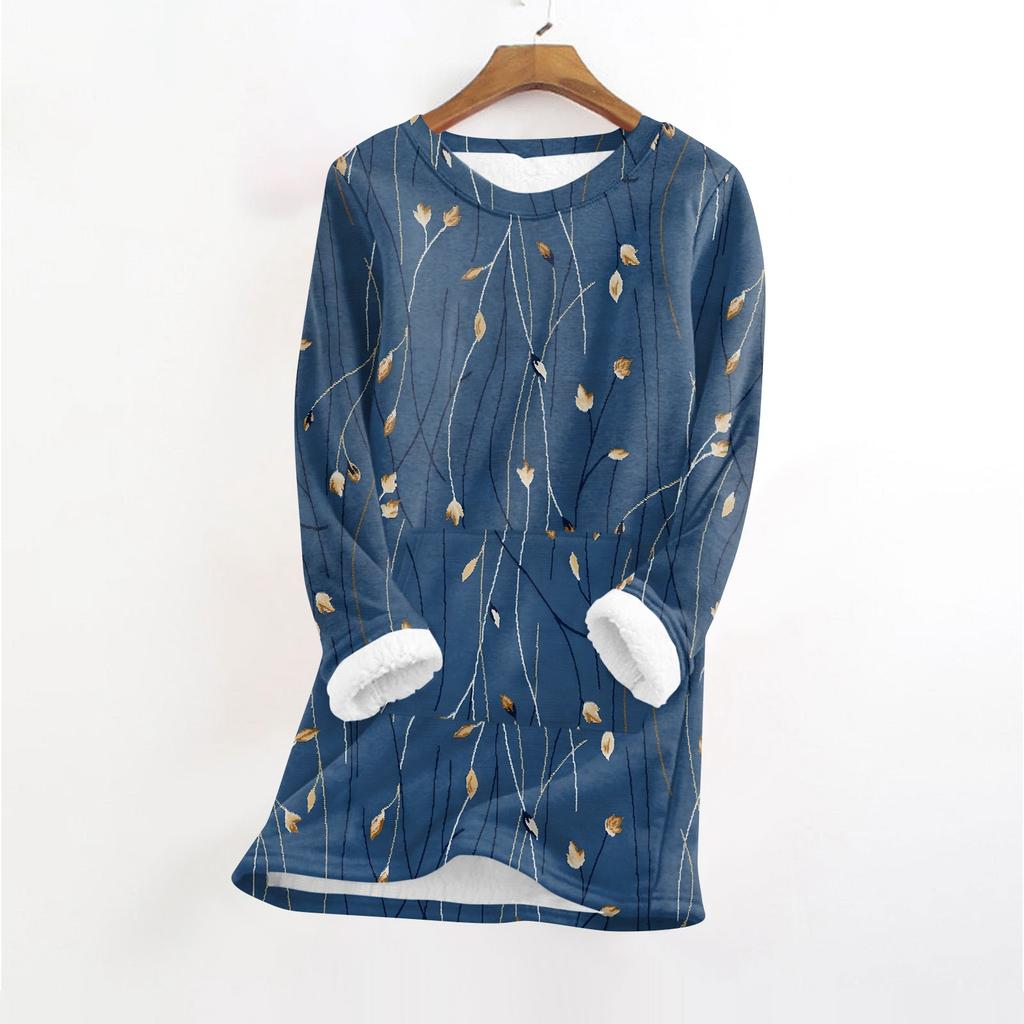 Women's Fashionable Printed Round Neck Long Sleeved Plush Warm Pullover Top