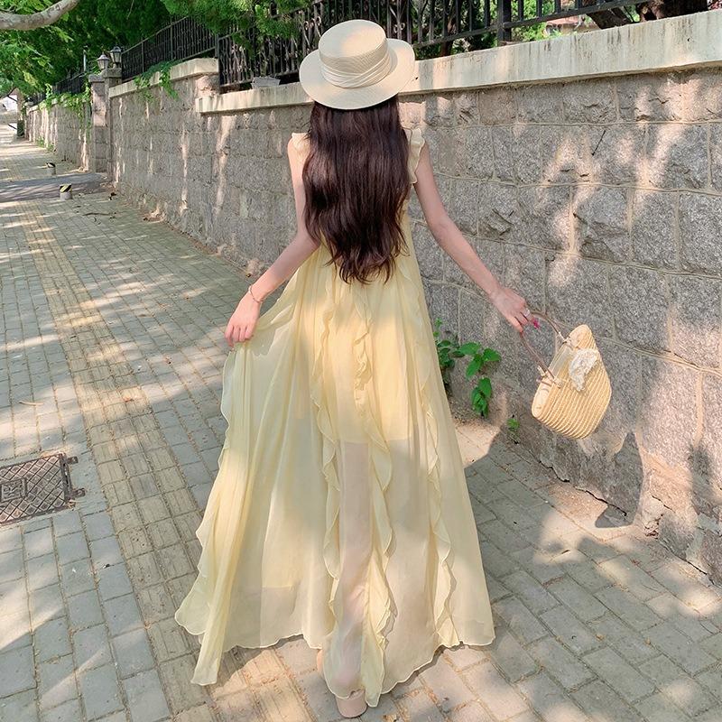 French Yellow Suspender Tube Top Dress Women's Summer Seaside Vacation Irregular Beach Long Skirt