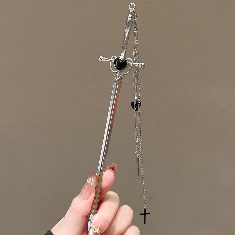 2025 New Chinese Style Sword Hairpin for Women Punk Silver Color Metal Heart Cross Tassel Hair Sticks Hair Accessories Headdress