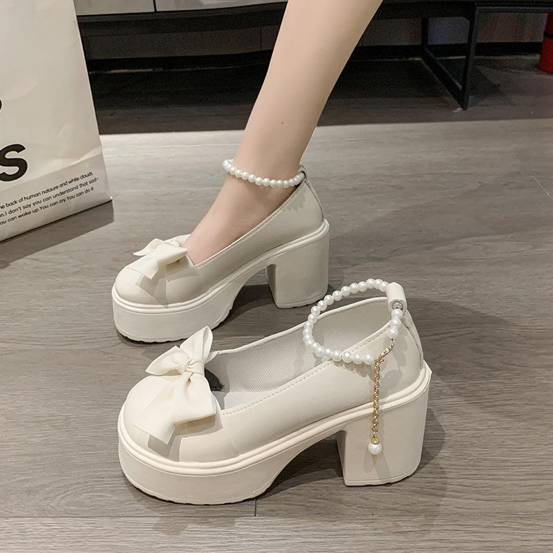 Japanische Mary Jane Schuhe mit Plateau Damen neu Sommer Perlen Schleife Französische hochhackige kleine Lederschuhe Einzelne Schuhe