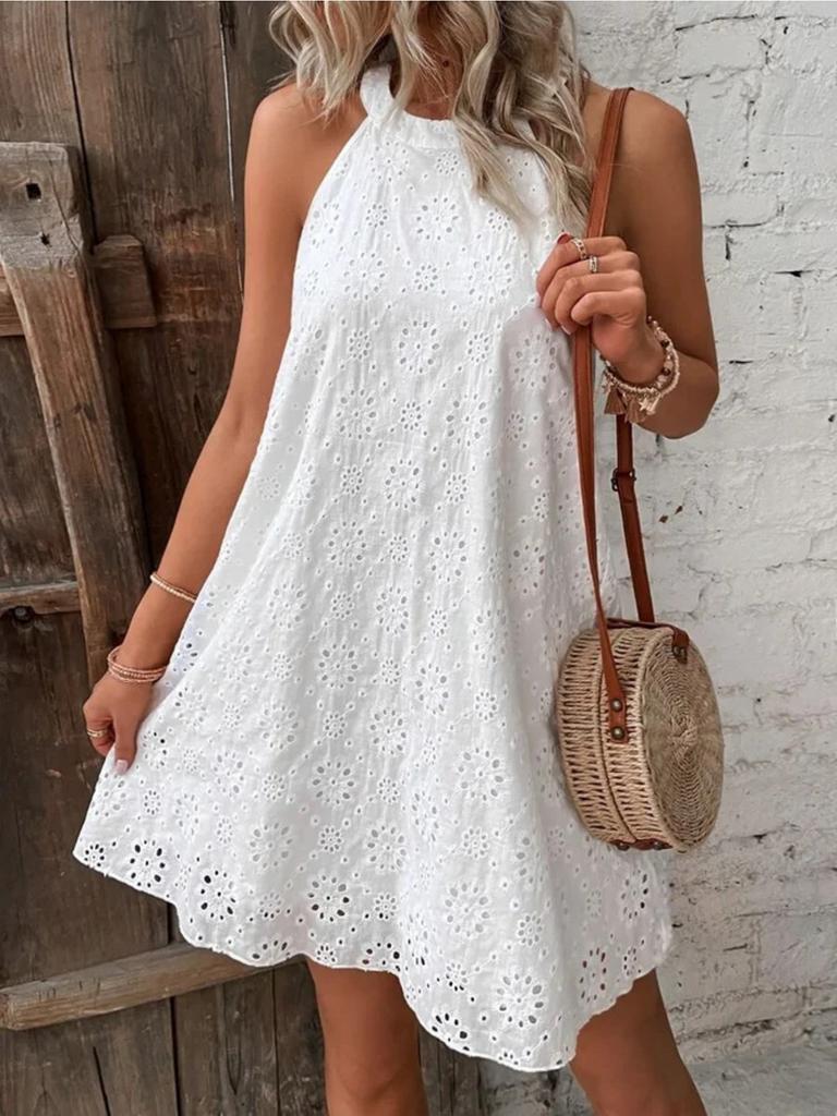O Neck Lace Dress Solid Color Sleeveless Button Dresses Women Halter Causal Dress