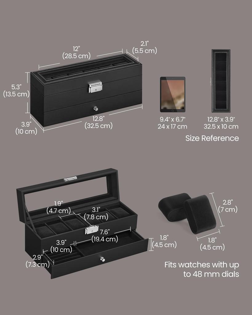 SONGMICS Watch Holds 6 PU Watch Collection Case with Large Glass Lid Removable Metal Accessory Perfect Day Gift for Men and JWB060B02 Case, Watches,
