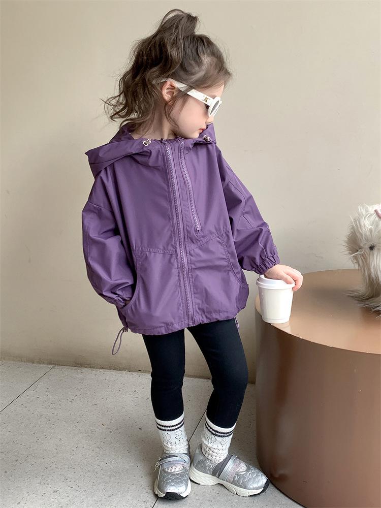 Autumn 2025 Korean Style Girls' Hooded Windbreaker Coat with Double Zipper