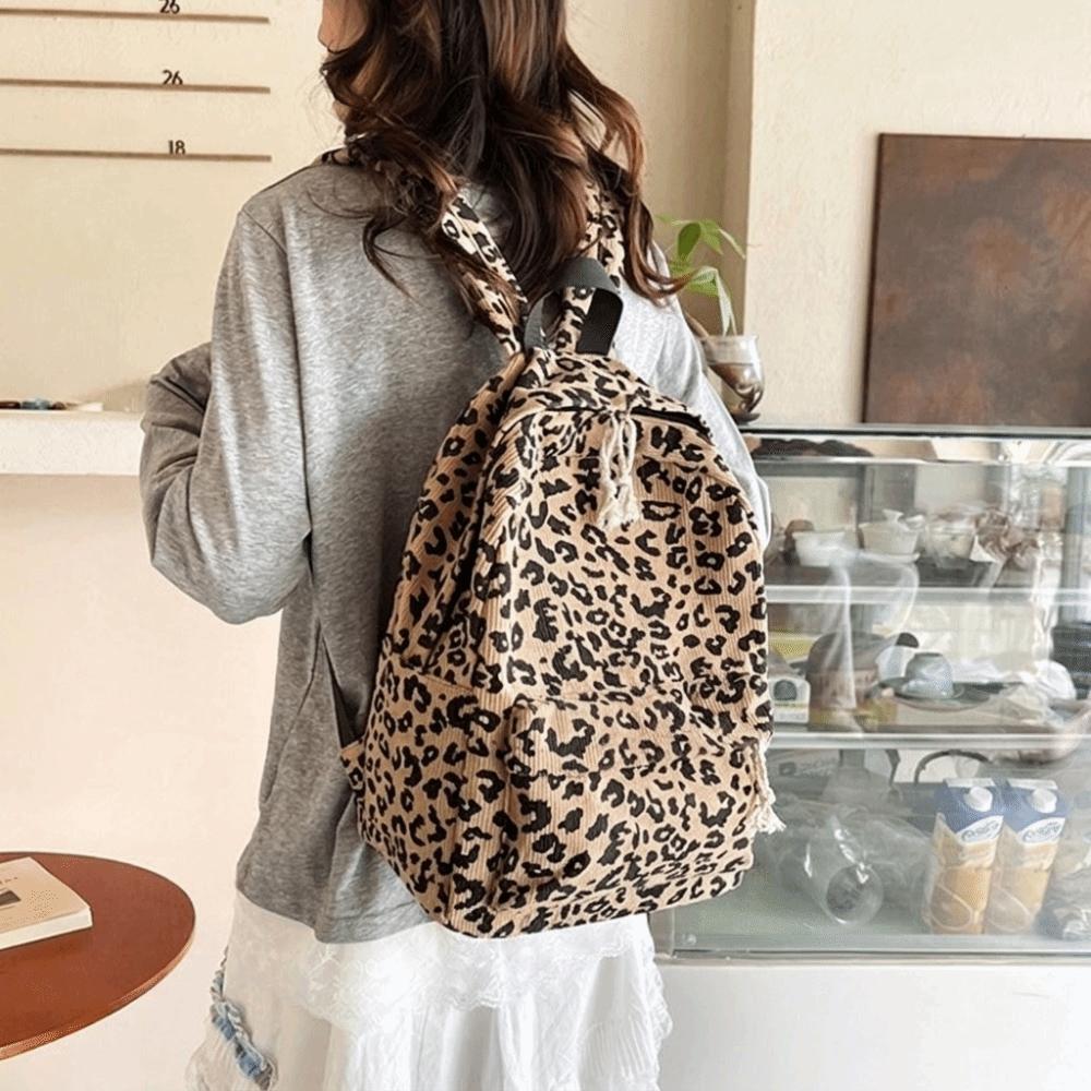Lightweight Leopard Print Backpack Corduroy Students Daypack Students School Bag Work