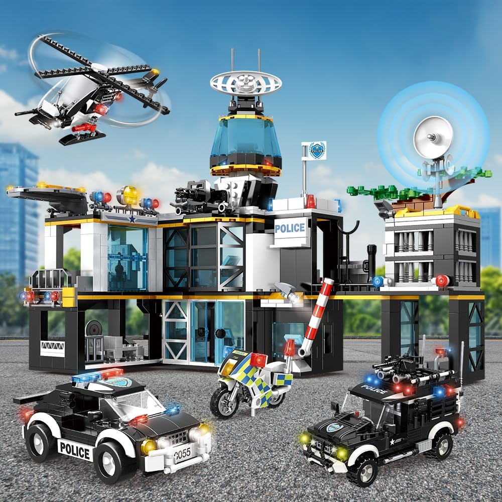 HOGOKIDS City Police Station Building Set - 1261 PCS Police Building Blocks Toys with Helicopter Motorcycle and 2 Cars, STEM Police Construction