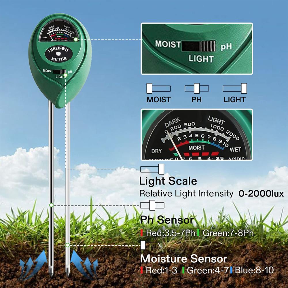 3-in-1 Plant Moisture Meter, pH/Light Meter Soil Test Kit for Indoor, Soil Moisture Meter for House Plants for Garden Lawn, Farm
