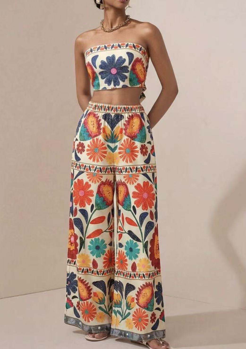 Cross-border Amazon 2026 Summer New Bohemian-Style Printed Strapless Pants Women s Set S