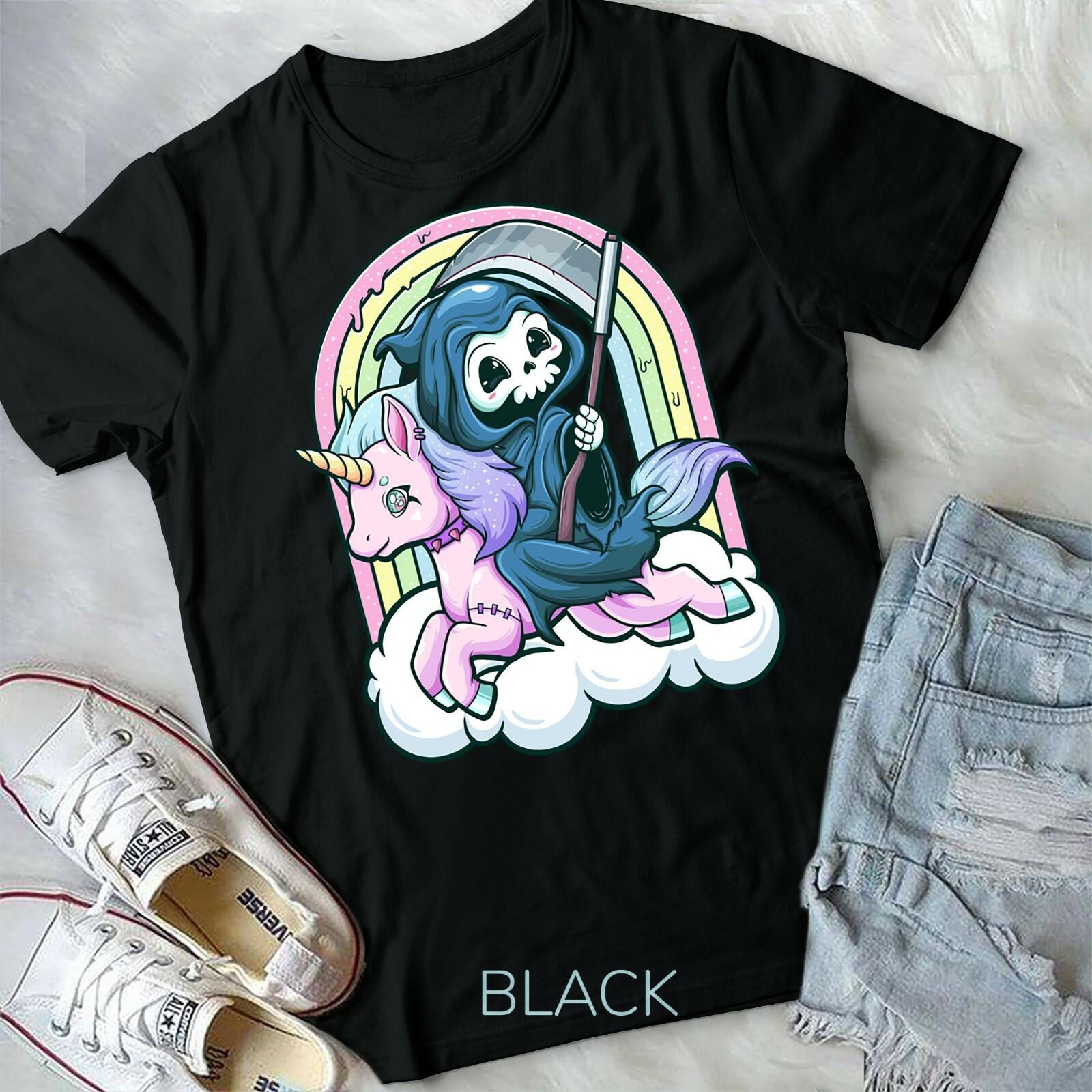 Kawaii Pastel Goth Cute Creepy Unicorn Grim Reaper Unisex Form T-shirt Youth Tee M