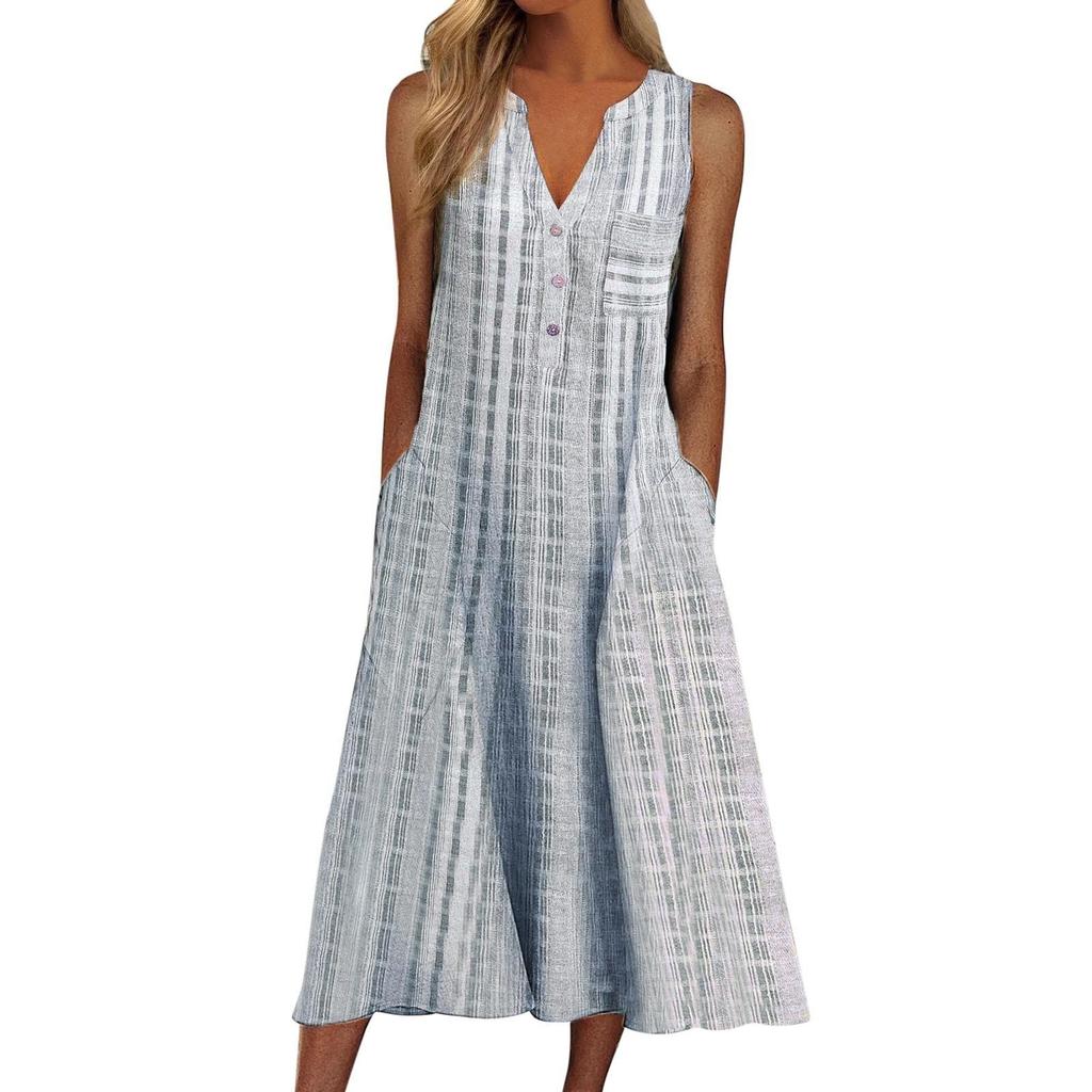 European and American summer new women's clothing, fashionable pocket V-neck striped sleeveless casual dress