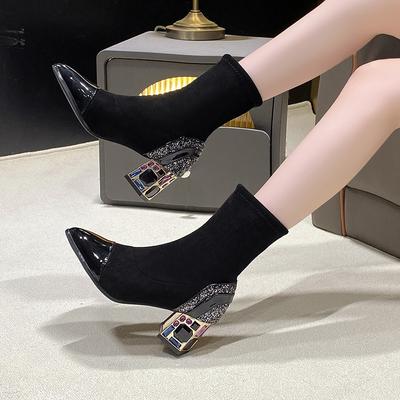 Korean Version of Black Sequined Crystal and Thin Boots 2025 New Pointed Thick Heel Elastic Socks Boots Sleeve Short Boots
