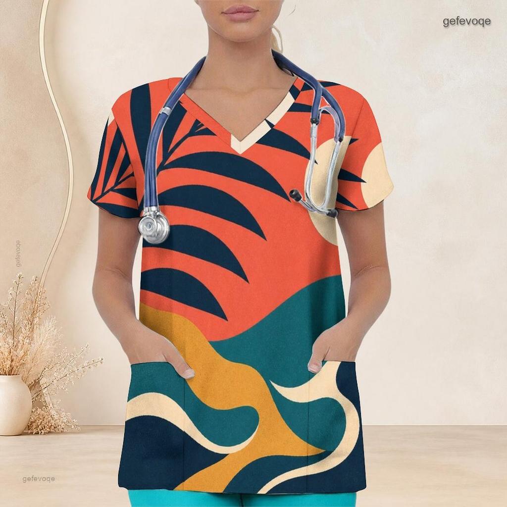 Women Plus Size V Neck Short Sleeve Tropical Print Nurse Scrub Top With Front Pockets