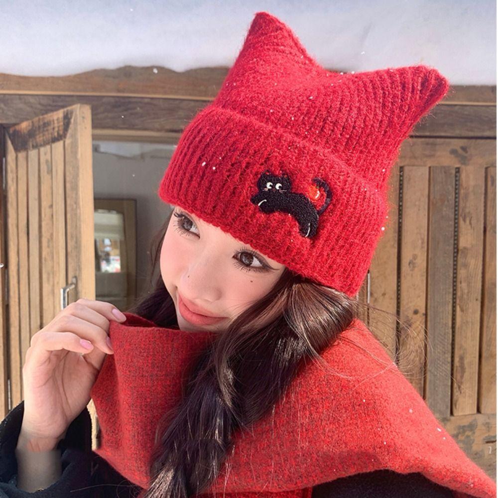 Elastic Cat's Ears Knitted Hat Embroidered Cat Woolen Hat Retro Warm Cap  Women