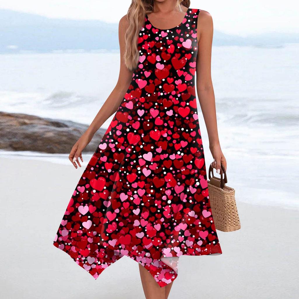 Women's Casual Fashion Round Neck Sleeveless Print Irregular Hem Midi Dress