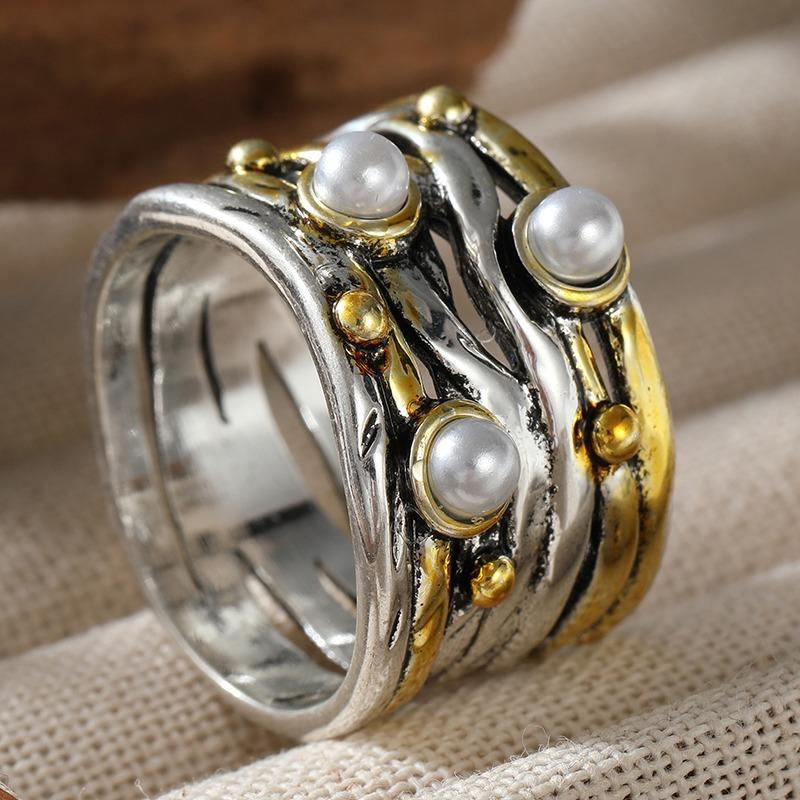 Ethnischer Intarsien-Ring mit Imitation Perlen für Damen, Vintage, Zweifarbig, Geometrisch, Tägliches Tragen, Party Schmuck, Jahrestagsgeschenk