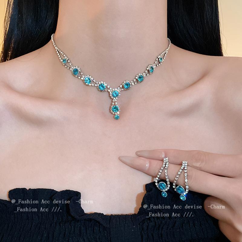 European and American diamond-set flower stud earrings bracelet necklace set fashion temperament collarbone chain versatile dress jewelry women