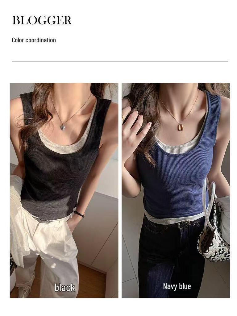Women's Spring/Summer Color-Block Two-Piece Camisole - Retro Korean Style