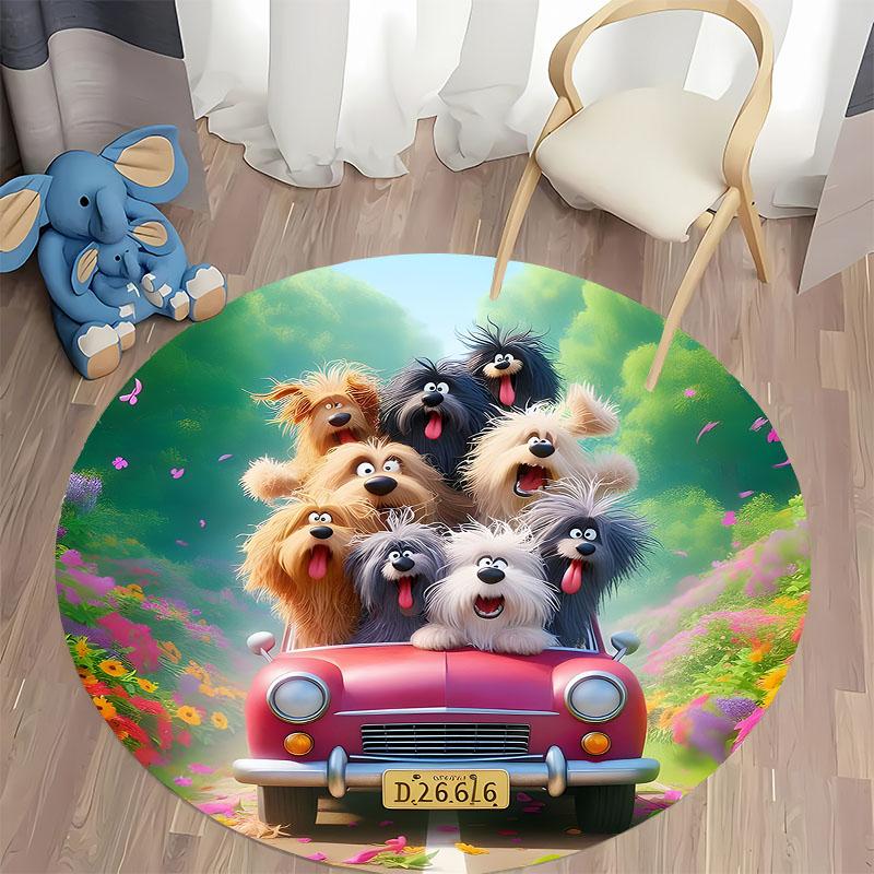 Joyful Dogs on Car Adventure Carpet round rug perfect for kids, ideal for children's rooms, round carpet for home sofa bedroom