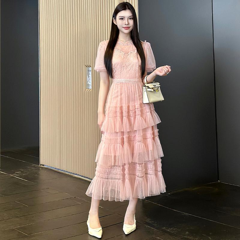 Runway Summer Holiday Sundress Black Lace Tulle Wedding Prom Sequins Dress Women Short Sleeve Flower Embroidery Dresses