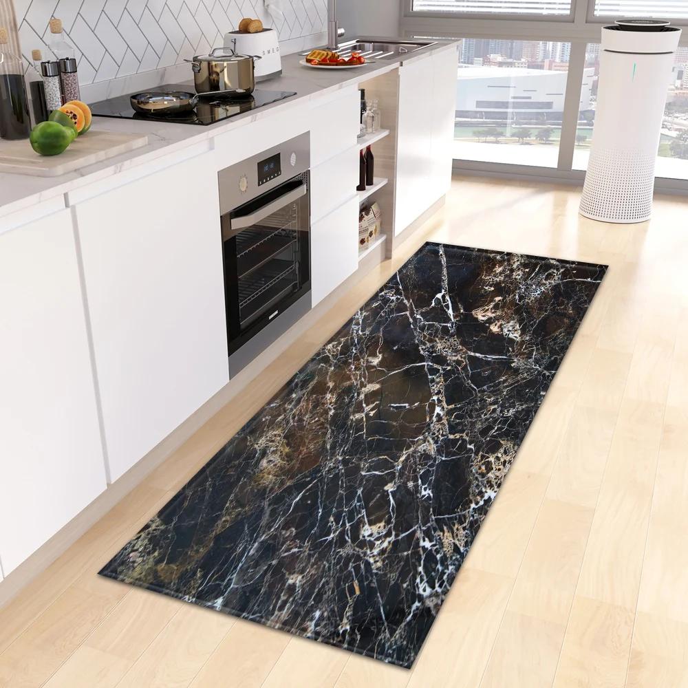 Marble Print Kitchen Runner Rug, Modern Gold  Black Vein Non-Slip Water  Oil Resistant Floor Mat