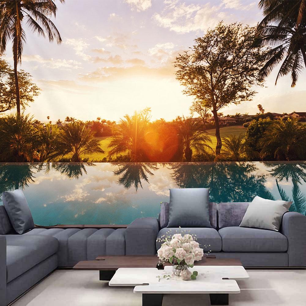 Ocean View Wall Tapestry Forest Waterfall Lotus Decoration Wall Carpet Beach Tapestry Living Room Bedroom Background Cloth