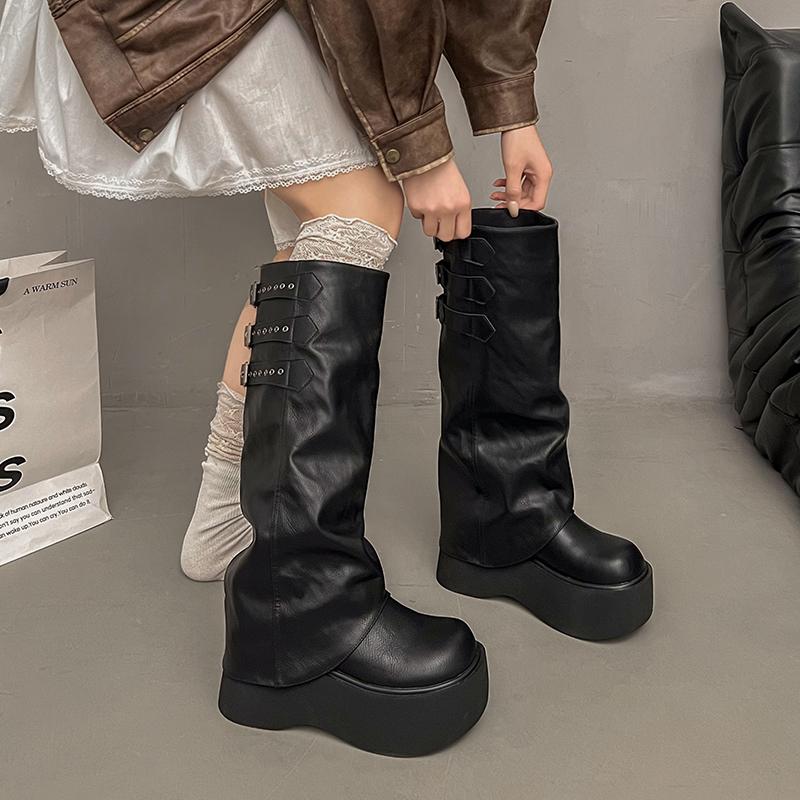 Women's New Style Autumn and Winter Knee High Boots with Pleated Thick Sole Thick Heel Casual Leather Midsole Boots Knight Boots