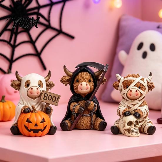 Dark Style Resin Figurine 3Pcs Halloween Highland Cow Figurines, Cattle Statues of Grim Reaper, Modern Farmhouse Table Decor Mummy & Ghost,