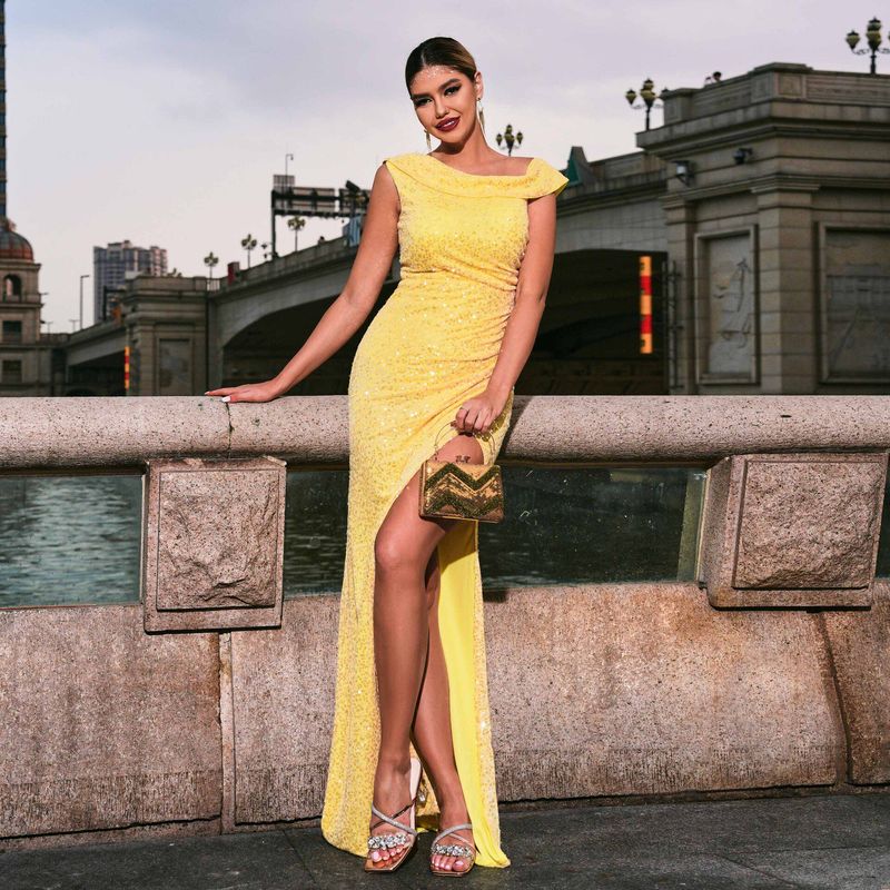 Трансграничное Европейский и Американский Стиль Сексуальное Длинное Без Рукавов Желтое Платье на День Рождения Вечернее Платье Yellow S