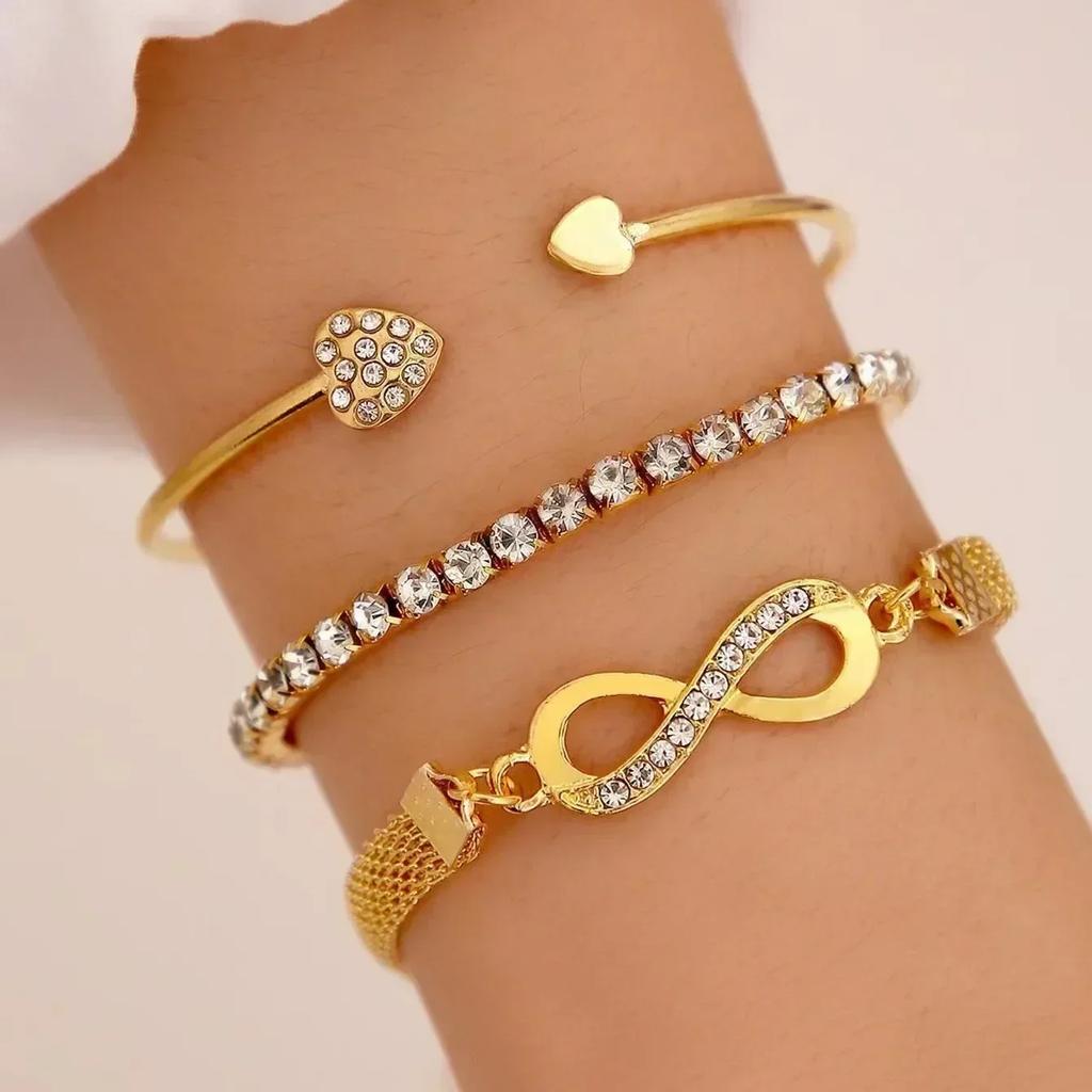 5pcs/Set Vintage Gold /Copper Color Simple Design Multielement Crystal Bracelets Set for Women Adjustable Bangle Zircon GIft