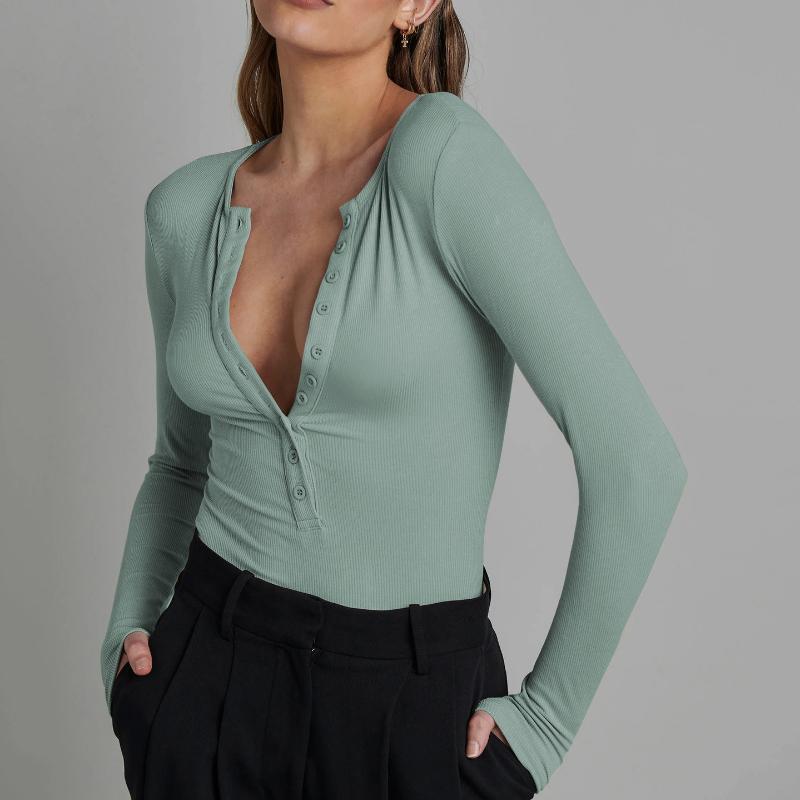 European and American Sexy Spicy Girl Long Sleeved Tight Fitting Buttoned V-neck Jumpsuit