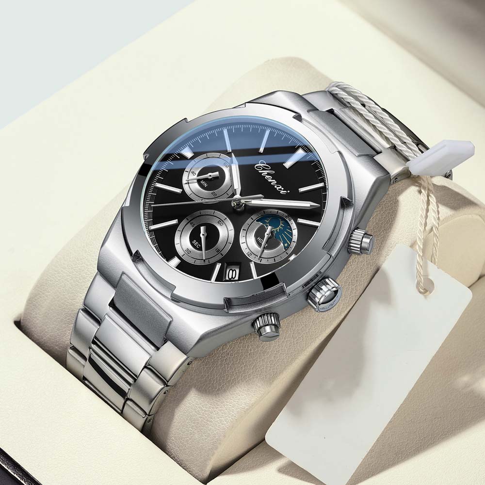 CHENXI Men's Multifunctional Watch with Calendar Moon Phase Chronograph Steel Strap Luminescence Waterproof Reloj Hombre