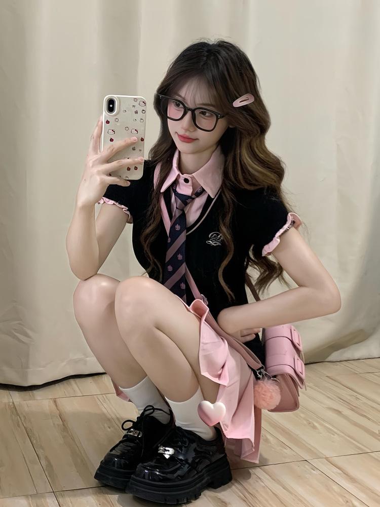 College style fake two-piece Polo collar short-sleeved dress summer American sweet and spicy waist and thin JK pleated short skirt