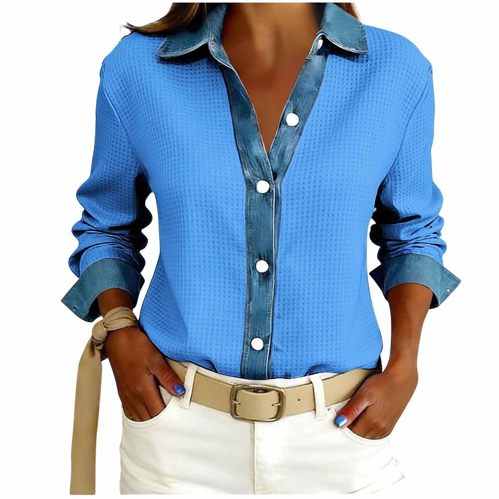 Womens Fashion Lapel Long Sleeved Denim Patchwork Button Up Shirt Loose Top