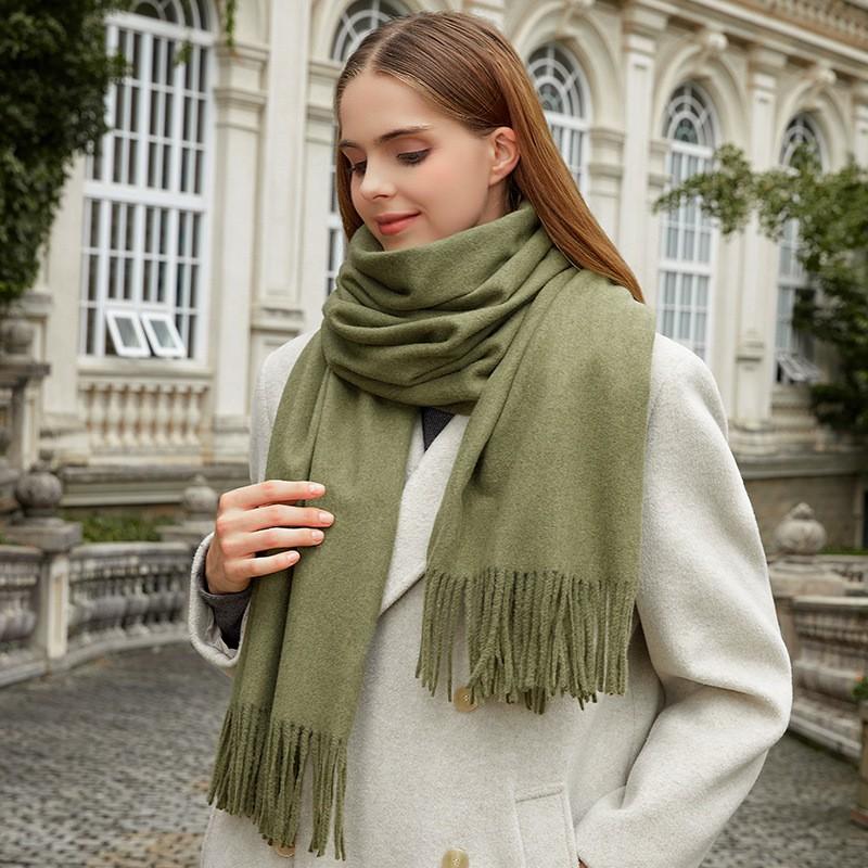 Womens Wool Blend Scarf Winter Warm Shawl Soft Solid Color Knit Wrap With Fringe Korean Style