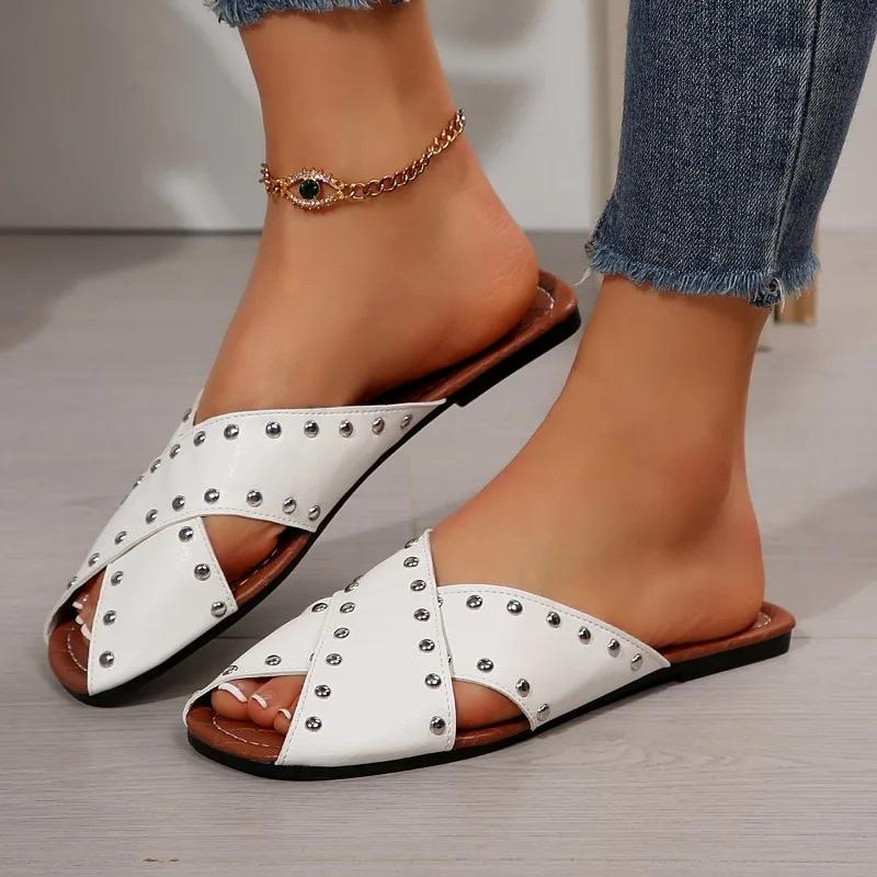 

Fashion 2025 New Ladies Shoes Open Toe Women s Slippers Fashion Outdoor Rivet Daily Summer Plus Size Concise Comfortable Flat Slippers 42 белый