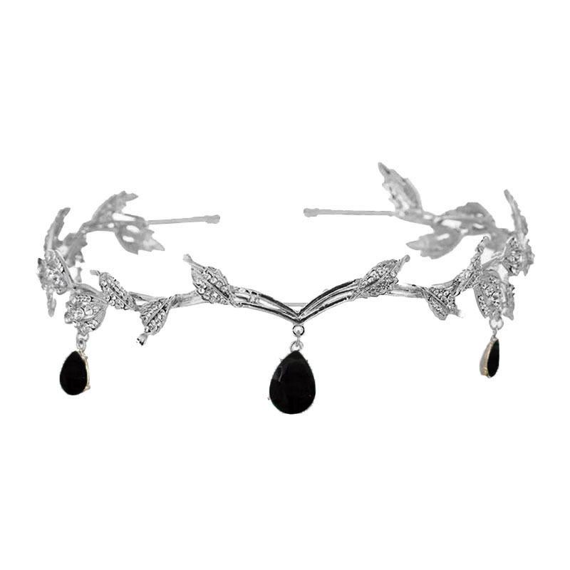 Korean-Style Baroque Rhinestone Leaf Crown Tiara with Water Drop Pendant