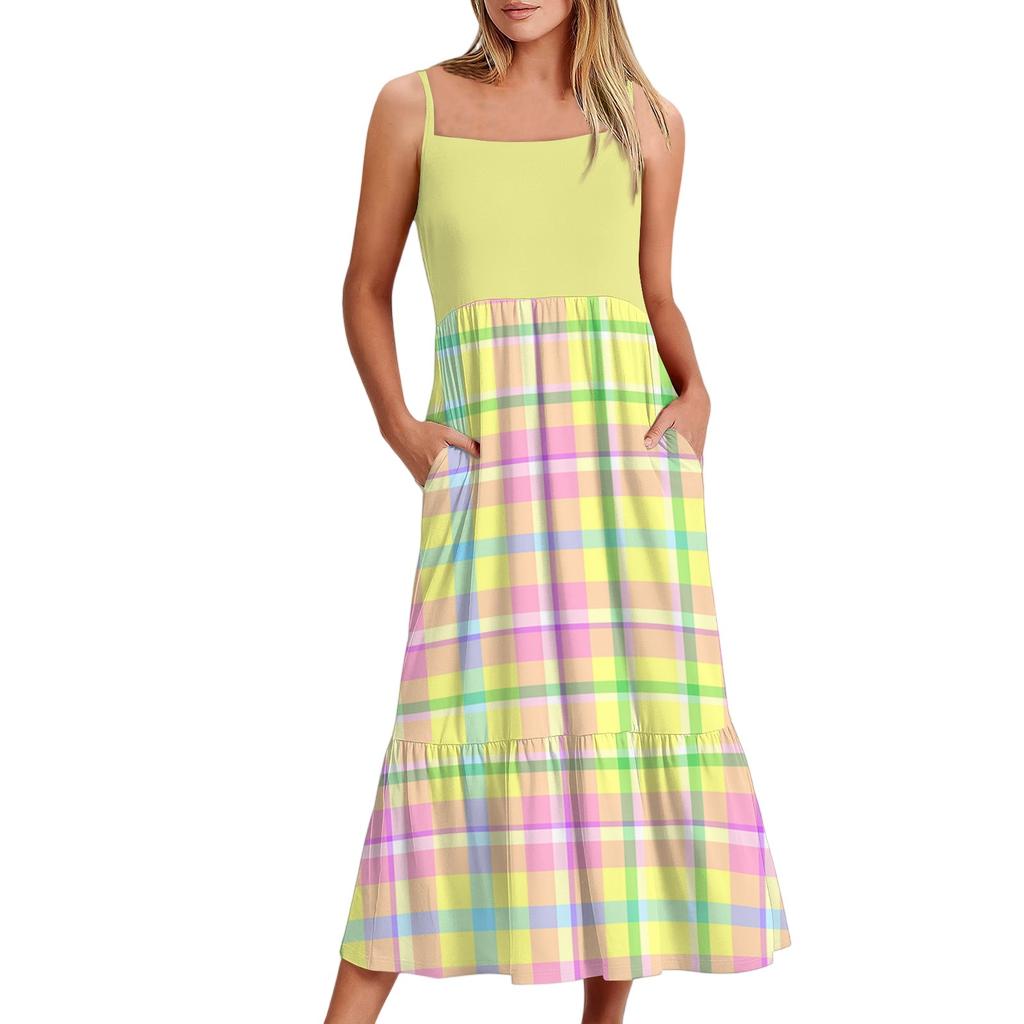 Women's Long Beach Casual Elegant Spaghetti Strap Maxi Dress Plaid Print Low-key Flowing Bohemian Dress