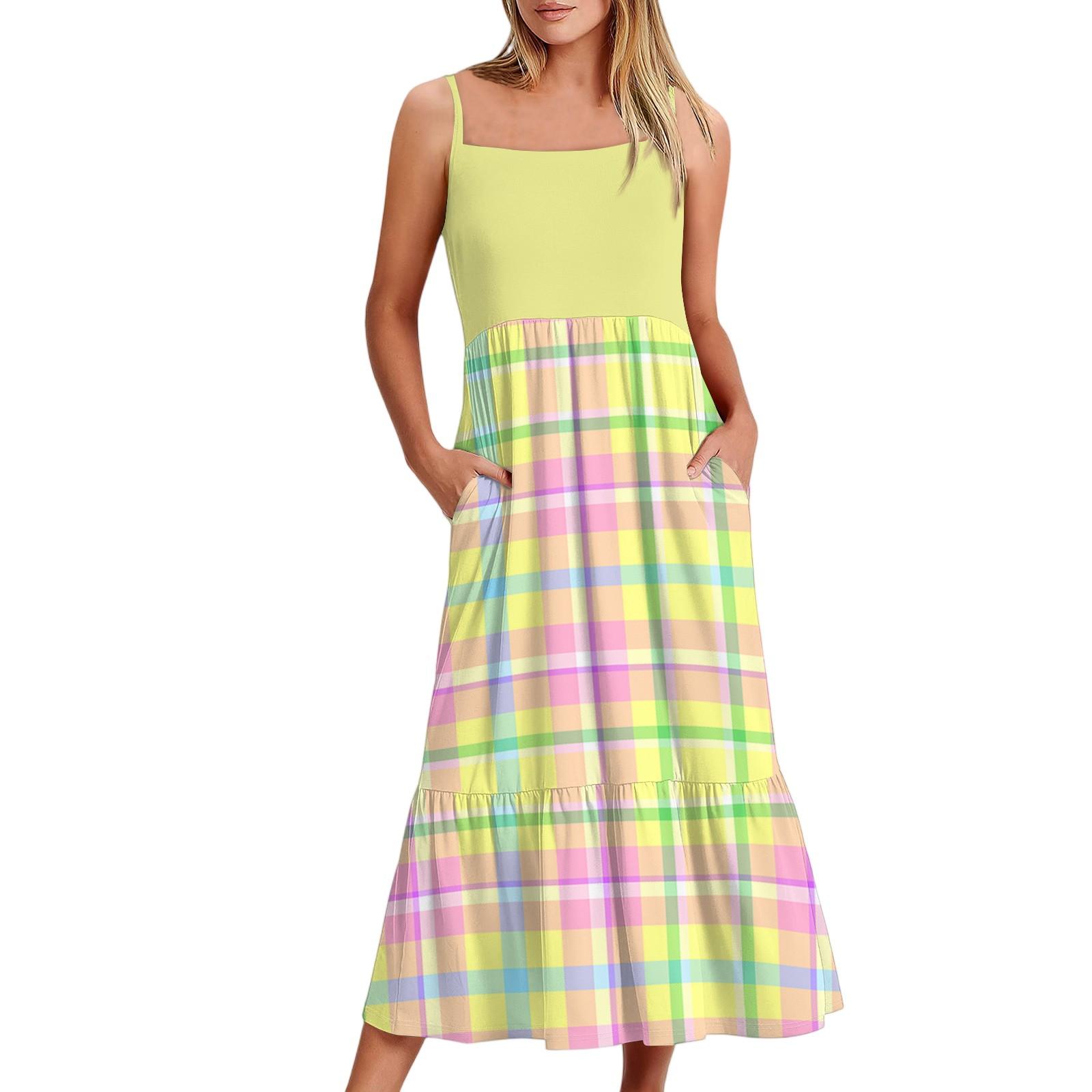 

Women s Long Beach Casual Elegant Spaghetti Strap Maxi Dress Plaid Print Low-key Flowing Bohemian Dress XL жовтий