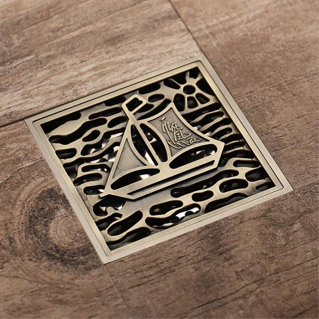 Desagüe de Piso de Baño Cuadrado 10 cm Bronce Antiguo Desagüe de Ducha Cepillado 4 Pulgadas Descarga por Gravedad Balcón Desagües de Drenaje de Baño
