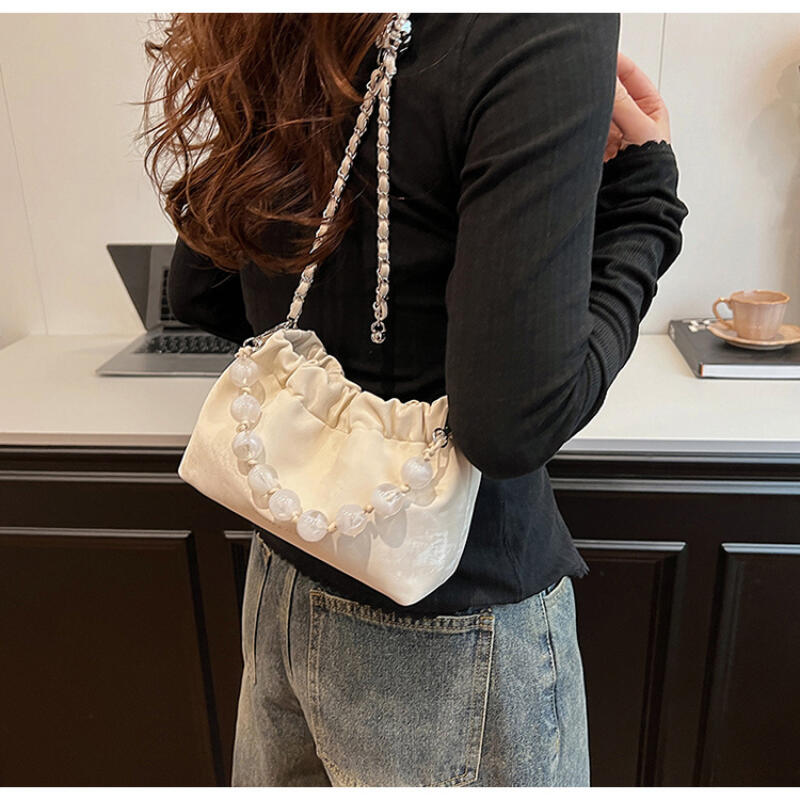 Vintage Pleated Pearl Chain Sling Shoulder Bags Soft Leather Crossbody Bags for Women New Chinese Fashion Female Handbags