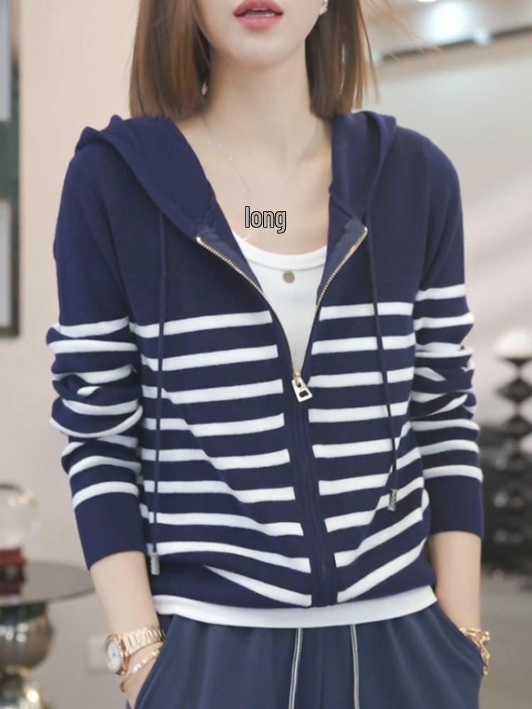 Trendy Women's Color Block Striped Knit Hoodie - Early Autumn Style, High-End, Loose Fit, Slimming, Versatile Cardigan