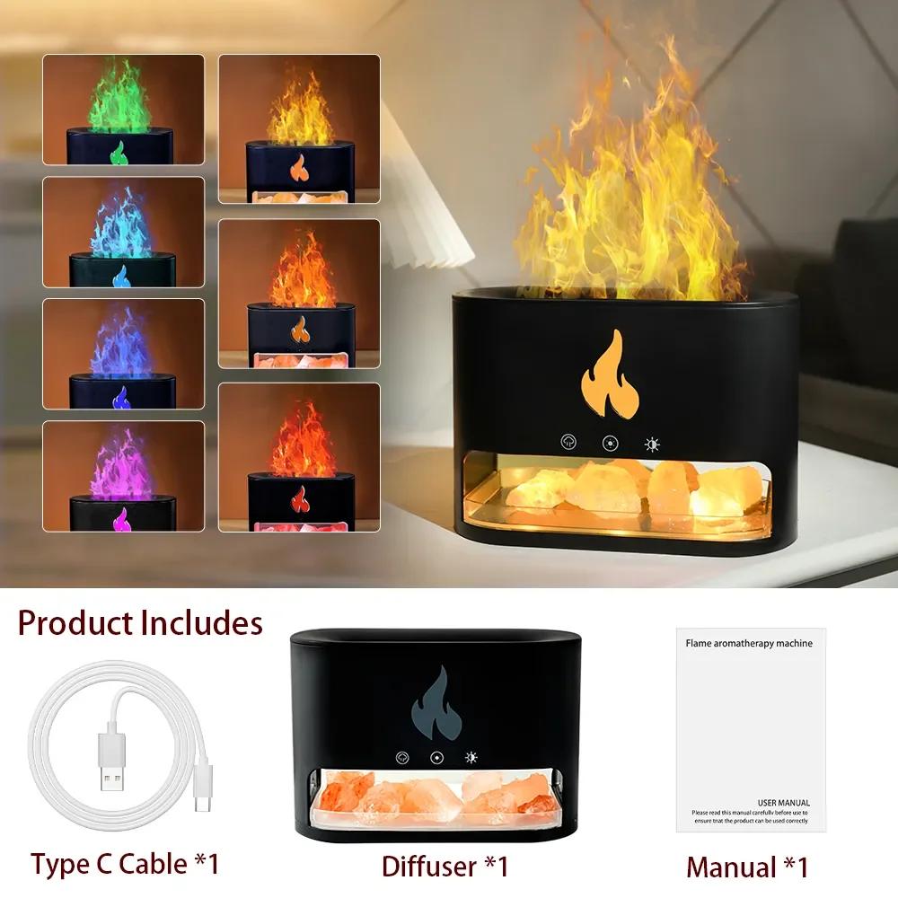New Fireplace Humidifier Crystal Salt Rock Fire 7 Color Flame Lamp Aroma Volcano Air Humidifier Essential Oil Diffuser for Home